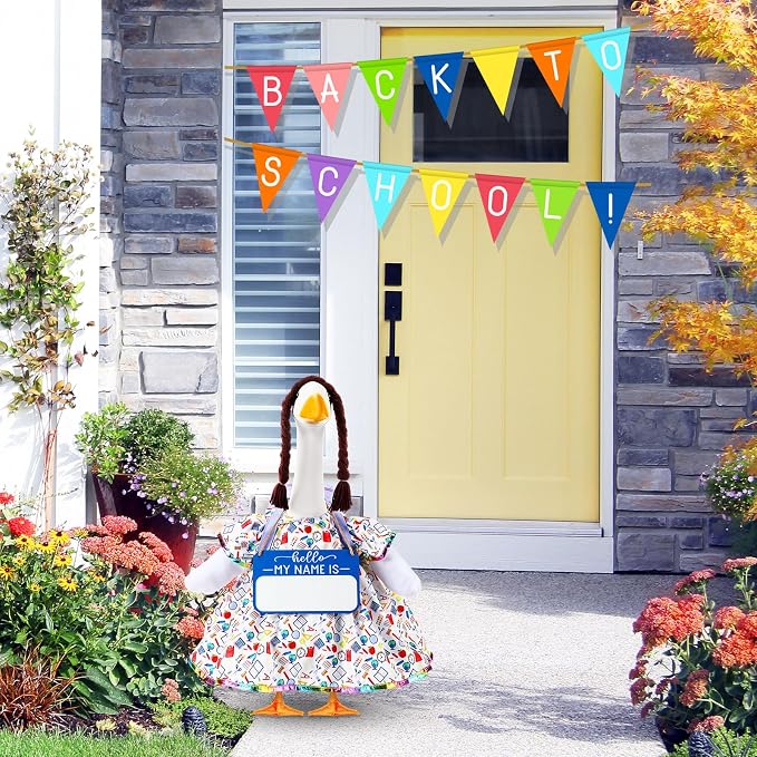 Mindsoft Back to School Porch Goose Outfit Teacher Goose Clothes Costume Statues Decor for 23" School Classroom Lawn Garden Patio Outdoor Statues(Wooden Sign Styles)