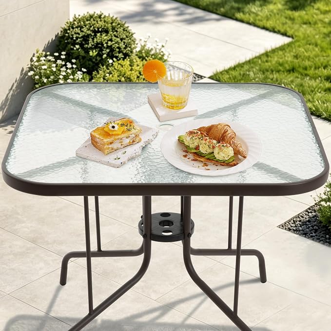 Patio Dining Table for 4 with Umbrella Hole, Outdoor 5 Piece Dining Set 36" x 36", Brown, for Garden Backyard Poolside Front Proch Outside