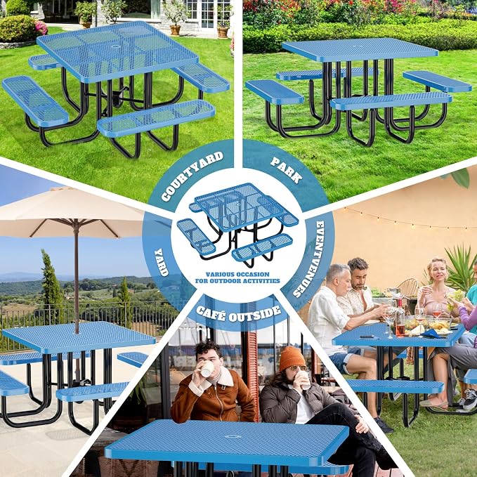 Heavy Duty Picnic Table with Umbrella Hole, Expanded Meta Outdoor Metal Patio Dining Table & Outdoor Bench Set, Steel Mesh Dining Furniture for Garden, Lawn, Patio (47 INCH Blue Square Table)