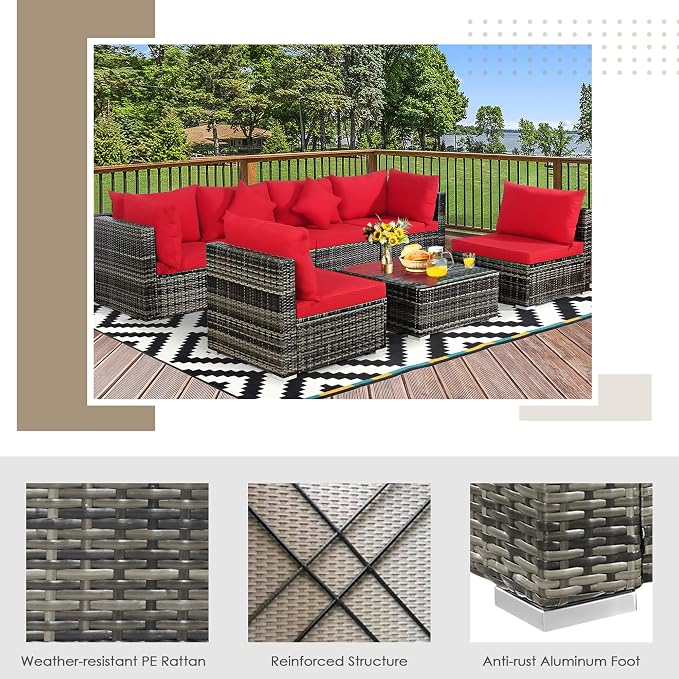 DORTALA 7Pieces PE Rattan Patio Furniture Set, All-Weather Wicker Conversation Set W/Soft Cushions & Pillows, Functional Coffee Table, Outdoor Sectional Sofa Set for Balcony, Poolside, Backyard, Red