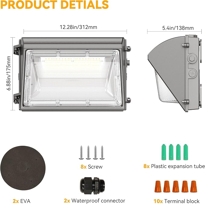 60W LED Wall Pack Light with Dusk to Dawn Photocell, 7800LM, 5000K | 100-277V, 0-10V Dimming, IP65 Waterproof Outdoor Wall Light Fixture, Commercial Exterior Lighting for Building, Parking Lot