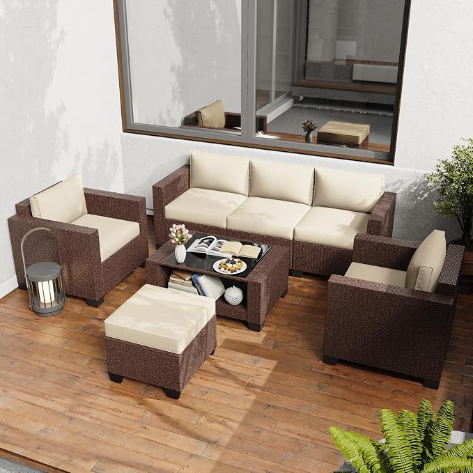 KIGOTY Patio Furniture Set 7 PCS Patio Conversation Sets, All-Weather PE Rattan Outdoor Sectional Sofa with Cushion and 2- Tier Glass Coffee Table(Brown/Beige)