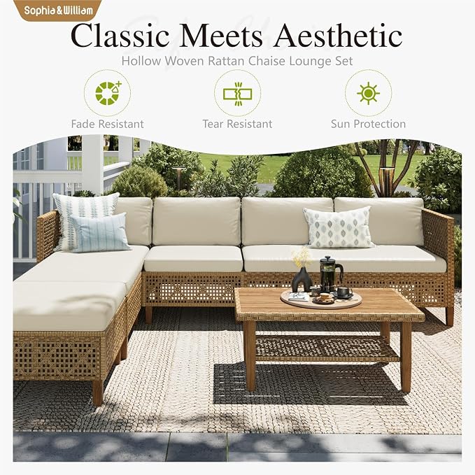Sophia and William Wicker Patio Furniture Set, L-Shaped Outdoor Sectional Sofas with Ottoman and Acacia Wood Coffee Table, Rattan Outdoor Conversation Set wtih Beige Cushions(6 Seats)