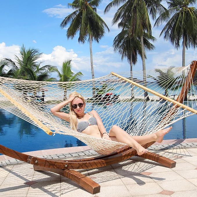 Lazy Daze Hammocks 12FT Double Rope Hammocks, 2 Person Hand Woven Cotton Hammock with Spreader Bar for Outside, Patio, Poolside, FIT 13-15 FT Stand, Max 450 Lbs, Natural, 141 x 57 inches