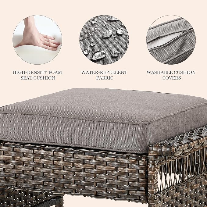 Patio Furniture Set 2 Wicker Swivel Glider Chairs 2 PE Rattan Chairs and 2 Ottomans with Grey Cushions Patio PE Rattan Side Table Brown Wicker Patio Conversation Set 7pcs for Patio