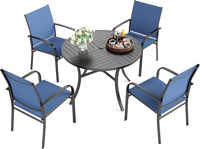HERA'S HOUSE 5pc Patio Dining Set for 4, 42" Round Metal Table | Blue textilene chairs, umbrella hole. Waterproof, rust-resistant, all-weather for backyard, porch