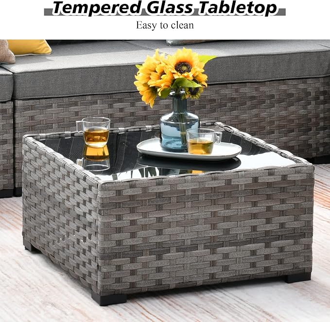 HOOOWOOO Outdoor Patio Sectional Furniture Sofa Set with Propane Gas Fire Pit Table,9 Piece Modern Wicker Couch with Swivel Chair,Modular L Shaped Conversation Seating Set with Wide Arm(Grey Strips)