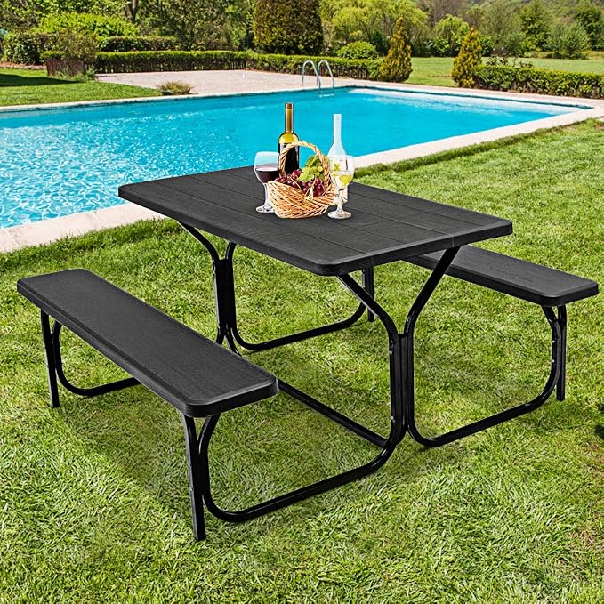 Picnic Table, Camping Portable Picnic Table Bench Set for 4 Persons, Heavy-Duty Steel Frame & Resin Tabletop, All Weather Outdoor Picnic Tables for Patio Travel BBQ Party Garden (Green)