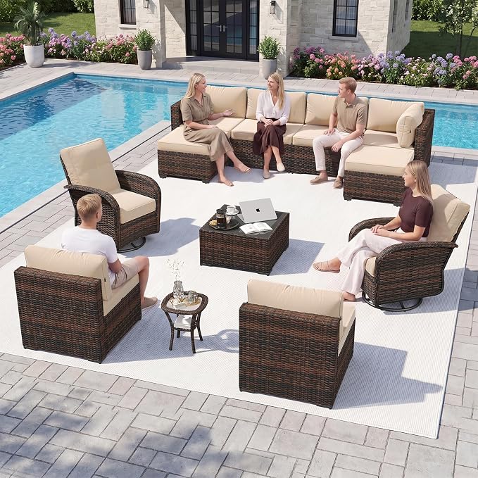 Aoxun 12 Piece Outdoor Patio Furniture Set with Coffee Table, Wicker Rattan Outdoor Furniture with High Back Swivel Rocker Chairs, Outdoor Conversation Set with Thick Cushion & Ottoman, Beige