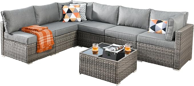 Weaxty 7 Pieces Outdoor Patio Furniture Set,Wicker Sectional Sofa Couch with Thicken Cushion and Glass Coffee Table,All Weather Rattan Patio Conversation Sets for Porch,Poolside,Backyard,Dark Gray