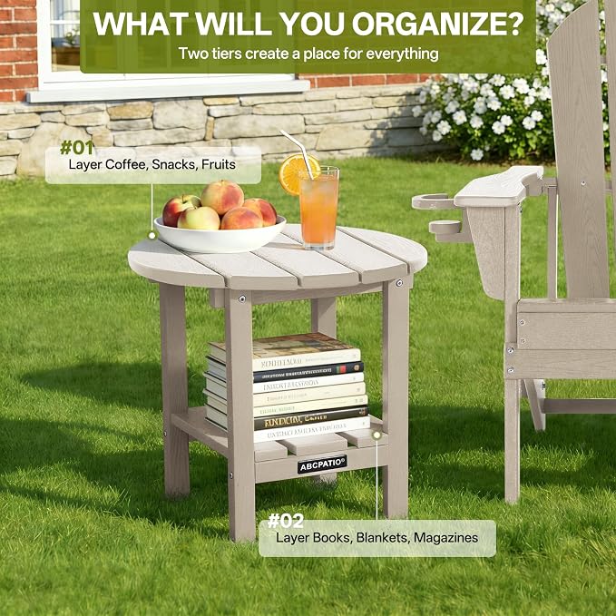 Outdoor Side Table Round - Patio Side Tables - HDPE Small Outdoor End Table for Backyard Pool Porch Balcony - Double Layer Storage - Sand (Wood Grain Finish)
