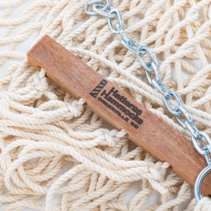 Hatteras Hammocks DC-11OT Small Oatmeal Duracord Rope Hammock with Free Extension Chains & Tree Hooks, Handcrafted in The USA, Accommodates 1 Person, 450 LB Weight Capacity, 11 ft. x 45 in.