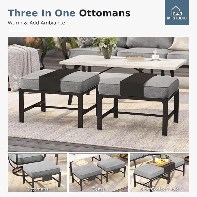 MFSTUDIO 5 Pieces Patio Conversation Sets, Outdoor Metal Furniture Sofas with 1 x 3-Seat Sofa, 2 x Rocking Chairs, 2 x Ottoman, Durable Steel Frame with Grey Cushion for Patio Balcony