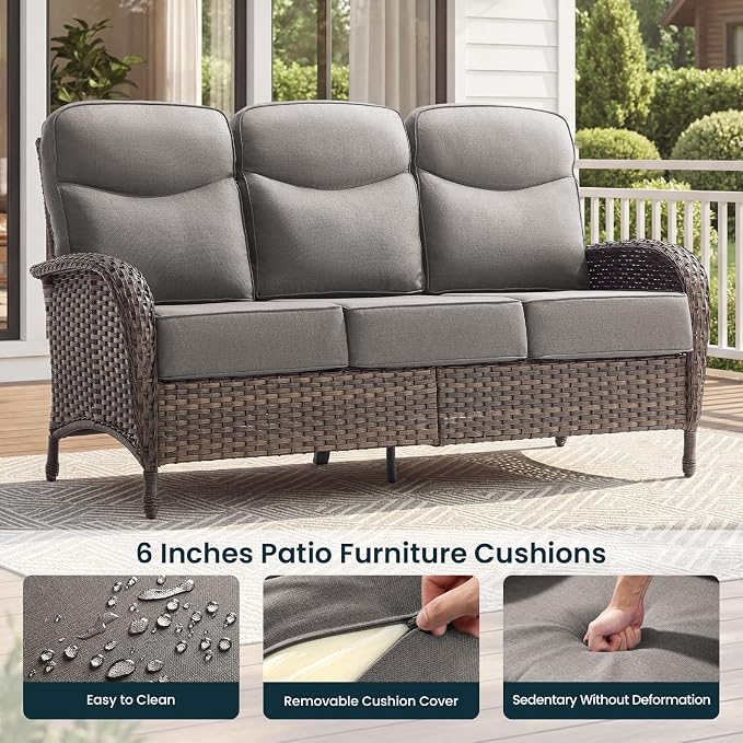Luxury 6-Inch Cushion Patio Furniture Set with 41" Fire Pit Table, High Back Swivel Rocker Patio Chairs with Outdoor Couch, Outdoor Wicker Conversation for Deck Porch Garden Balcony Poolside