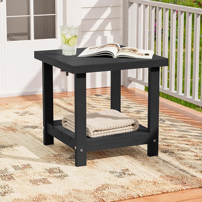 2-Tier HDPE Outdoor Square Side Table, Heavy-Duty Patio Side Table with Storage Shelf, Weather-Resistant Adirondack End Tables for Backyard, Pool, Porch, Garden, Lawn, Black