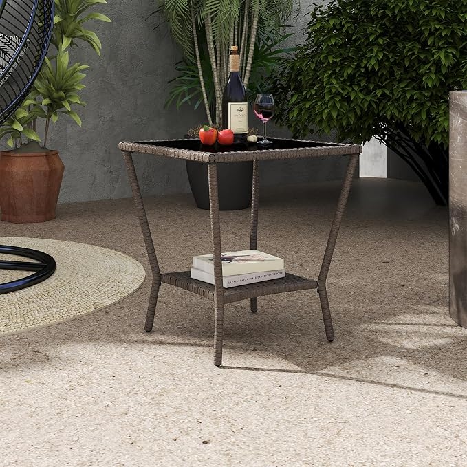 Outdoor Small Patio Table - PE Rattan Coffee Table, Wicker Side Table for Patio, Balcony & Porch, Durable & Iron Frame (1, Sesame Brown)