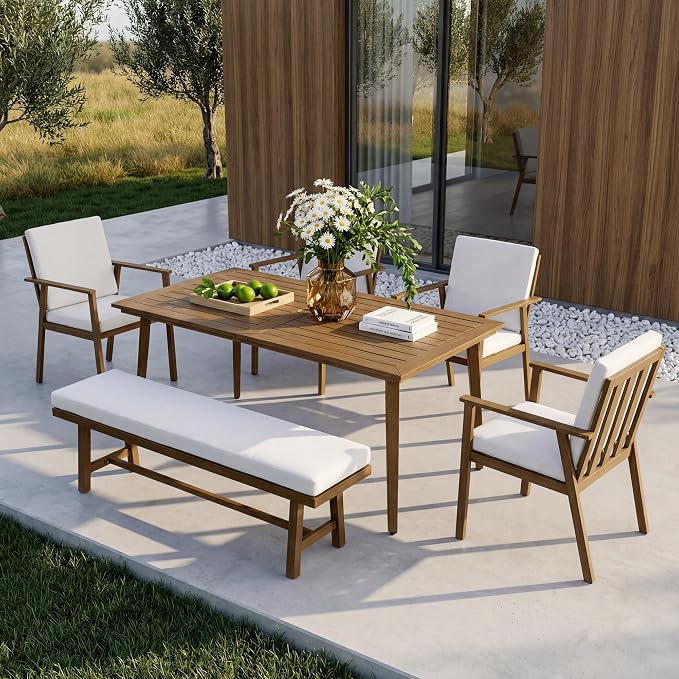 6-Person Outdoor Table Set with Chairs & Bench, 6-Piece Outdoor Rectangular Dining Table with Umbrella Hole, Rust-Resistant Faux Wood Grain Patio Table Set for Garden Backyard Poolside, Teak