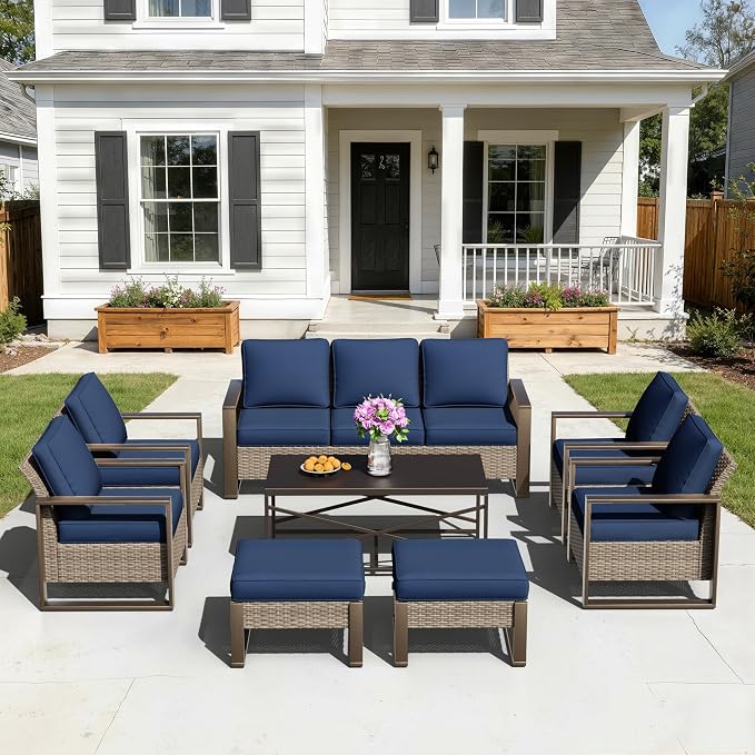 8 Pieces Metal Wicker Patio Furniture Set - 75" Sofa, Four Armchairs and Two Ottomans, One Coffee Table All Weather Rattan Outdoor Conversation Furniture with Washable Cushion for Deck, Dark Blue