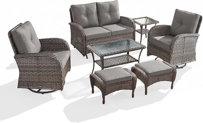 7 Piece Patio Furniture Set - Wicker Patio Conversation Set with Swivel Glider, Loveseat Bench, 2 Ottomans, Glass Side Table and Coffee Table for Deck Backyard - Brown Wicker Grey Cushion