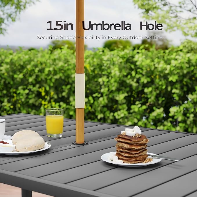 HAPPATIO Outdoor Dining Table for 6, Large Rectangular Metal Patio Table with 1.5" Umbrella Hole, Powder-Coated Frame for All-Weather, Black, Modern Style