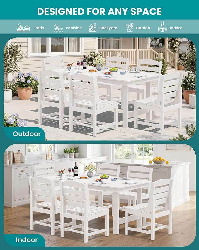 SERWALL 7-Pc HDPE Patio Dining Set, 1 Table & 6 Armless Chairs, White | HDPE Outdoor Dining Set with Rectangular Table & 6 Armless Chairs, All-Weather Resistant SERWALL Dining Set for 6