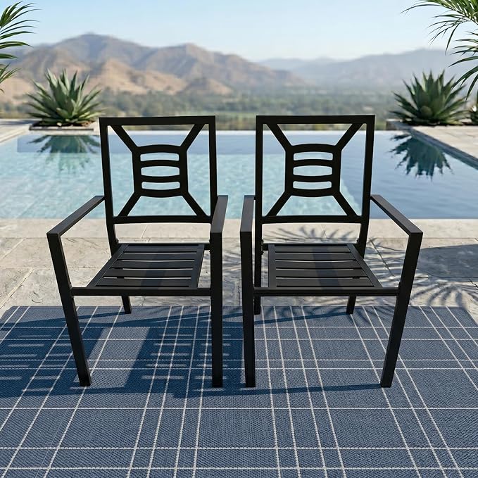 Patio Dining Chairs Set of 2, Stackable Metal Patio Chairs with High Back for Deck Bistro Porch Lawn, Black Wrought Iron Outdoor Dining Chairs