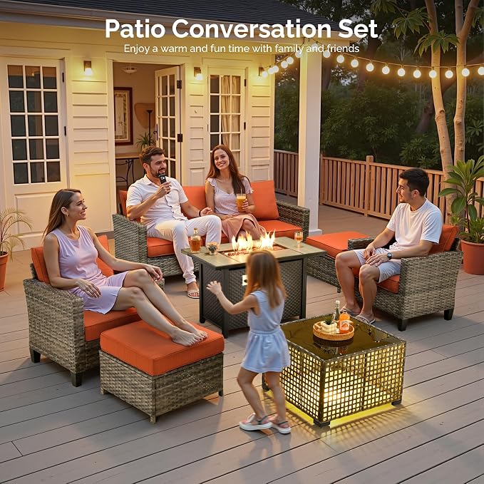 7 Piece Wicker Patio Furniture Set with Firepit Table, Orange | Outdoor Deep Seating Sofa Chair Ottoman, Firepit, Solar Lights Table, Modern Conversation Set, Porch Deck Backyard