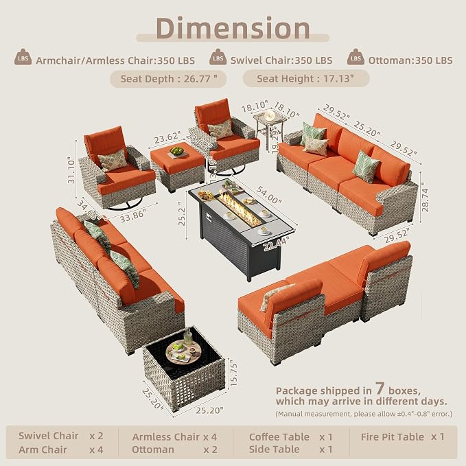 CAODOC 15-Piece Outdoor Sectional Sofa Set w/ 54" Fire Pit – L-Shaped Wicker Patio Furniture, Deep Seating & Swivel Rockers, Red