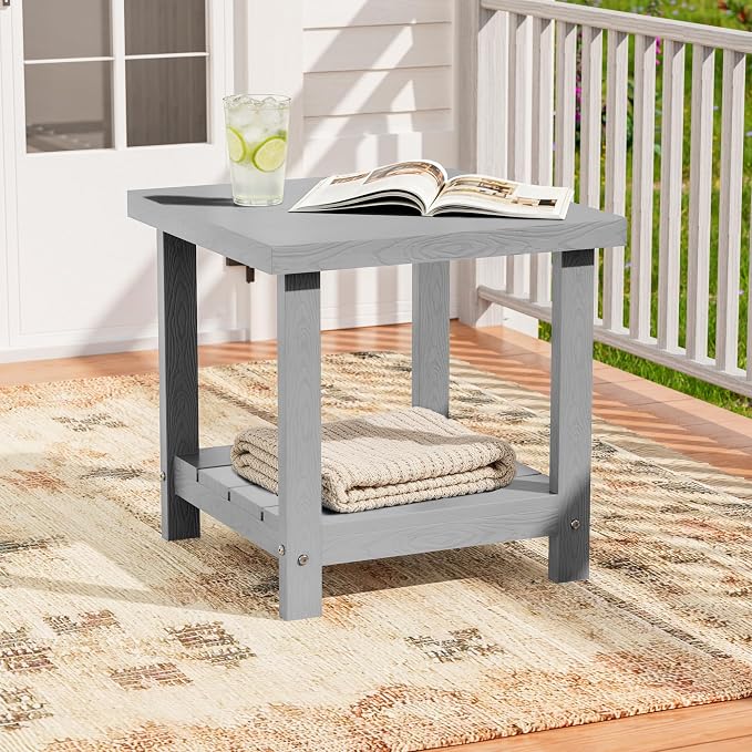 2-Tier HDPE Outdoor Square Side Table, Heavy-Duty Patio Side Table with Storage Shelf, Weather-Resistant Adirondack End Tables for Backyard, Pool, Porch, Garden, Lawn, Silver Grey