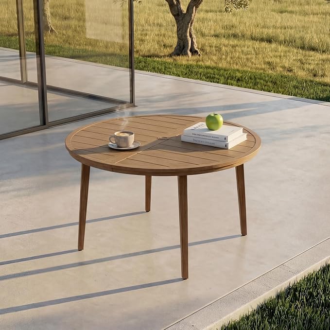 51" All-Aluminum Round Outdoor Dining Table, Modern Faux Wood Grain Patio Table for 6 with Umbrella Hole, Rust-Resistant Metal Dining Table for Garden, Backyard, Poolside & Lawn, Teak