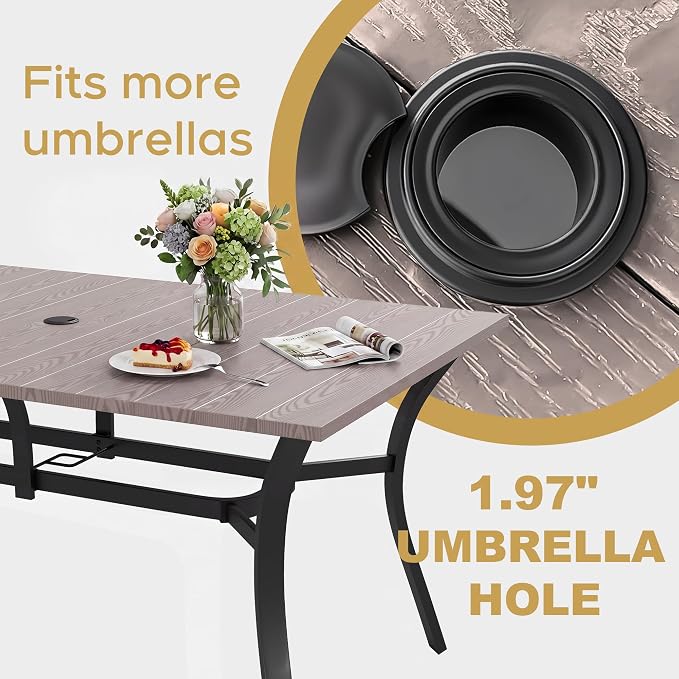 63'' Outdoor Dining Table for 6, Metal Patio Dining Table with 1.97'' Umbrella Hole,Anti-Rust Waterproof Square Table for Porch Deck Poolside Garden Backyard
