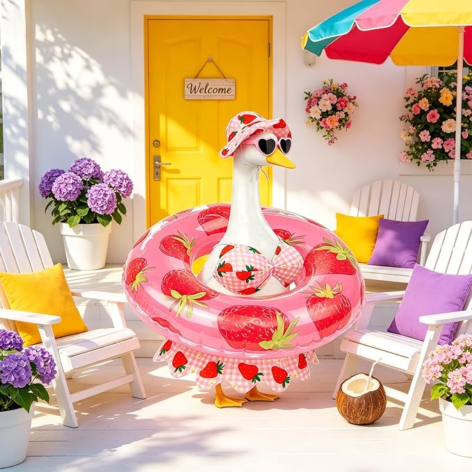 Hawaiian Porch Goose Outfits Summer Bikini Goose Outfit Fits 17 23 Inch | Strawberry Goose Costume with Sunglasses & Wreath for Cement Yard Plastic Statues, Outdoor Garden Patio Decor