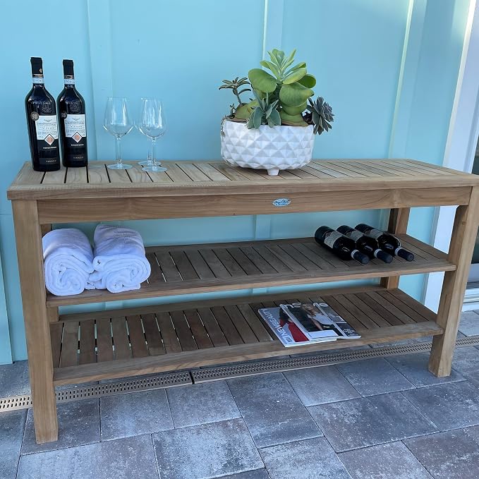 Royal Teak Collection Console Table with Two Shelves, 60-Inch Rectangular Wooden Outdoor Teak Table with Storage Shelves, Outdoor Furniture for Deck, Garden, Poolside or Buffet Serving