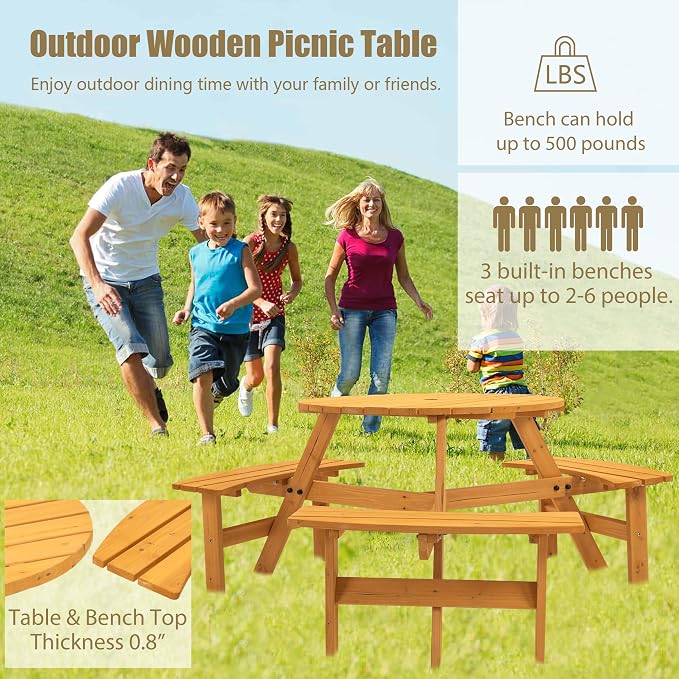 Thanaddo 6-Person Outdoor Circular Wooden Picnic Table, Camping Dining Table w/ 3 Built-in Benches, Outside Table Set with Umbrella Hole, 1720lb Capacity for Garden Patio Backyard - Natural