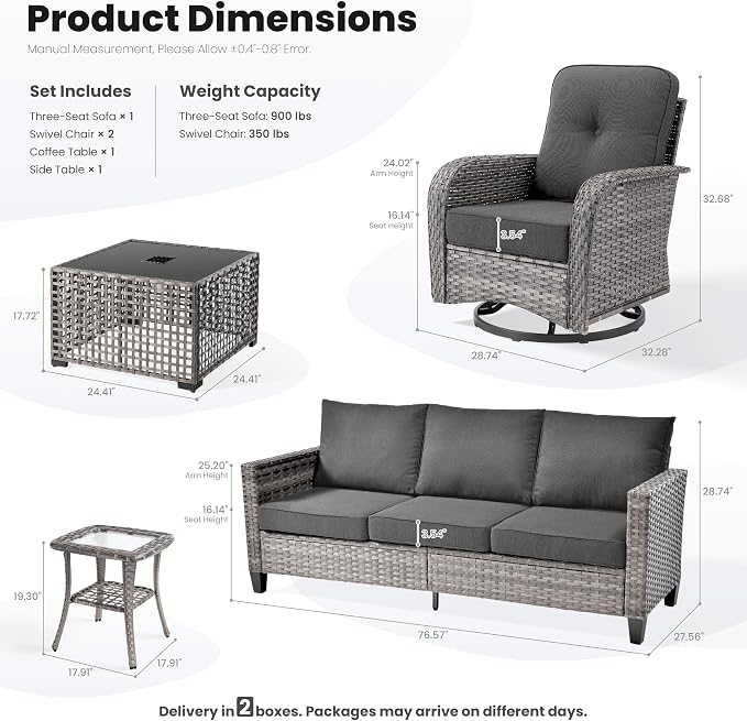 ovios 5 Pieces Patio Furniture Set, Outdoor Wicker Sofa Couch with Swivel Glider Chairs Solar Lights Table, Modern Deep Seat Rattan Conversation Sets for Deck Porch, Black