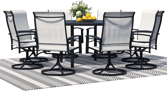 9-Piece Outdoor Dining Set for 8 – 60" Black Round Outdoor Table with Umbrella Hole & 8 White Patio Swivel Chairs, All-Weather Patio Furniture