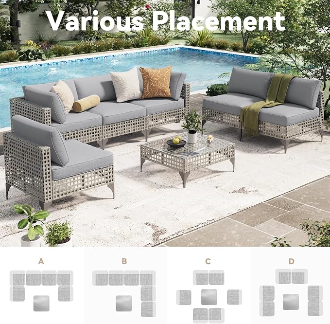 U-MAX 7-Piece Patio Furniture Set with Tea Table, Boho Outdoor Furniture Set Sectional Sofa Wicker Conversation Set Grey Rattan&Light Grey