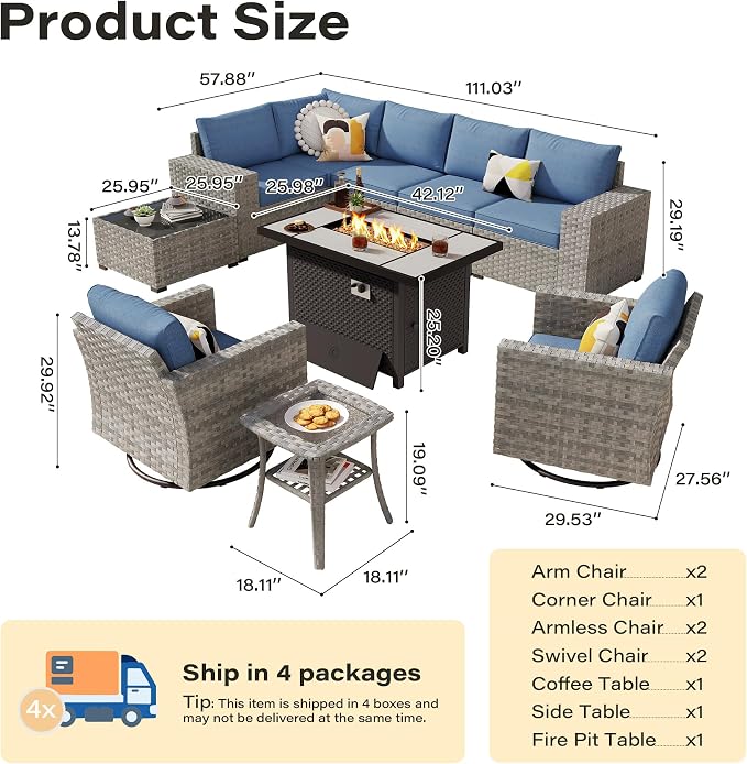 10 Pieces Outdoor Patio Sectional, Wicker Patio Furniture Set with 42 inch Fire Pit Table, All-Weather L Shaped Patio Conversation Set with Swivel Chairs, for Backyard Porch Yard,Blue