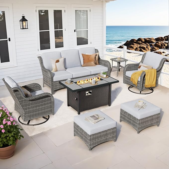 ovios 7 Pieces Patio Furniture Set with 42 inch Fire Pit Table, Outdoor Wicker Sofa Couch Swivel Rocking Glider Chairs, Modern Luxury Conversation Set, Grey Wicker, Grey