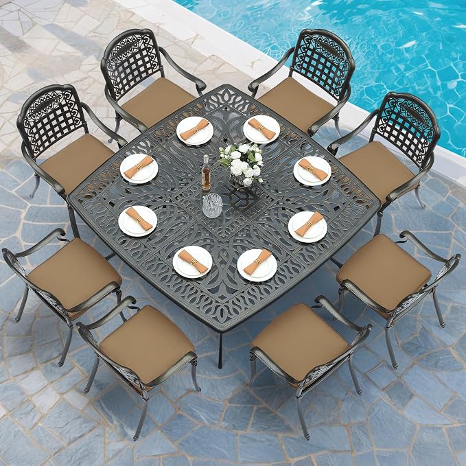 MEETWARM 9-Piece Outdoor Furniture Dining Set for 8, All Weather Cast Aluminum Patio Dining Set- Large 64" Square Table with Umbrella Hole and 8 Cushioned Chairs, Patio Table and Chairs Set, Khaki