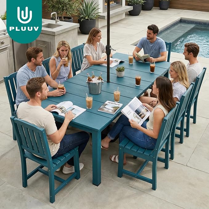 PLUUV Outdoor Dining Table with Aluminum Legs, All-Weather HDPE Rectangular Outdoor Dining Tables with 2” Umbrella Hole, Heavy-Duty Weatherproof Patio Dining Table for Backyard Deck, Navy Blue