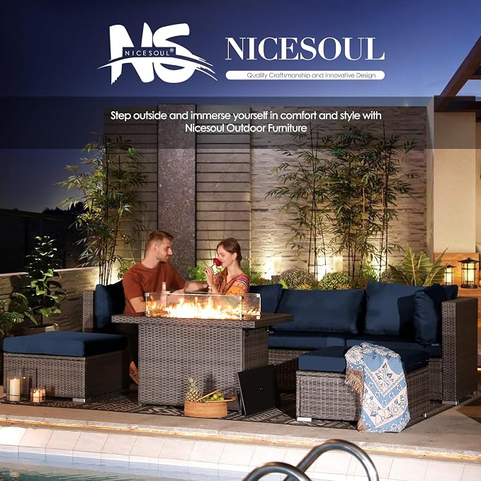 NICESOUL 15 Piece Outdoor Patio Furniture Set with Fire Pit, Extra Large Wide Outdoor Deep Seated Sectional, Cozy 29.3'' High-Back Modular Couch, 500 Lbs High Weight Capacity Wicker Sofa, Gray & Blue