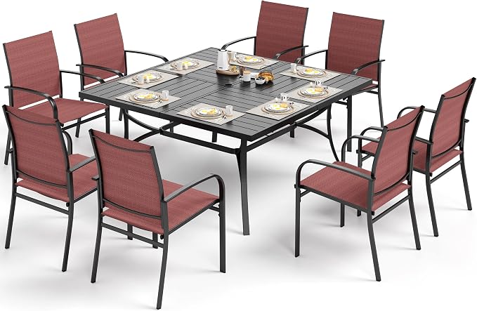 SUNSHINE VALLEY Patio Dining Set for 8, 57.5" x 57.5" Square Metal Table with Umbrella Hole, 8 x Stable Dining Chairs, Outdoor Table and Chairs Set for Lawn Backyard and Deck, Red
