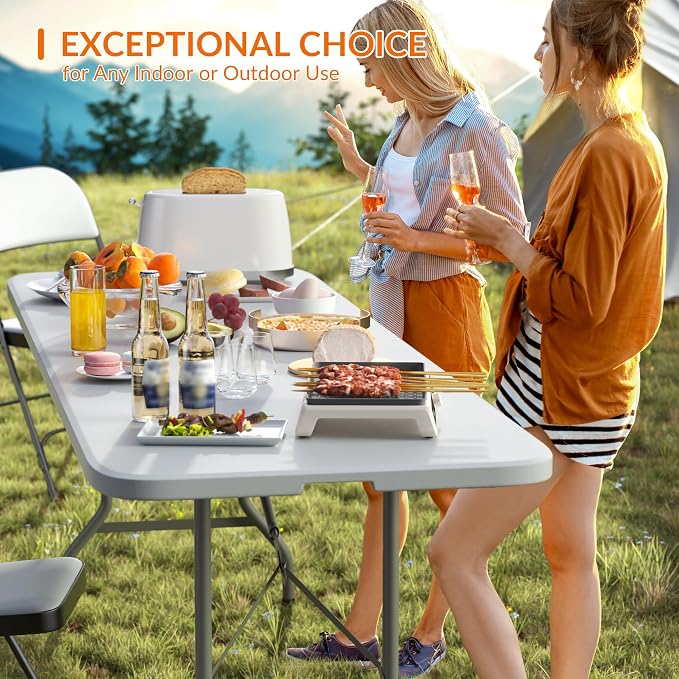 Elevon Folding Table Set with 8 White Folding Chairs,8 Feet Heavy Duty Fold-in-Half Utility Table Sets for Picnic, Event, Training, Outdoor Activities, at Home and Commercial Use
