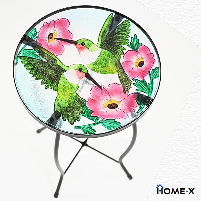 Home-X Hummingbird Glass Side Table with Iron Stand, Hand-Painted Accent Table and Patio Decor, Metal and Glass Table for Garden or Front Porch, 17 ¾ " L x 11 ¾ " D