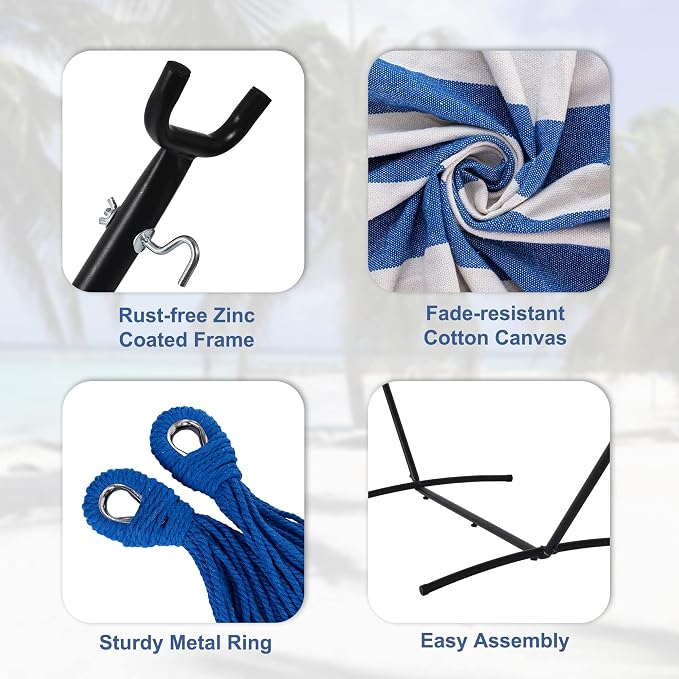 Lazy Daze Portable Hammock with Stand, Free Standing Hammocks for Indoor Outdoor Patio Yard, Has a Carrying Bag and Pillow, 9ft Hamacas Heavy Duty 2 Person Amaca 450 lbs Capacity(Blue White)