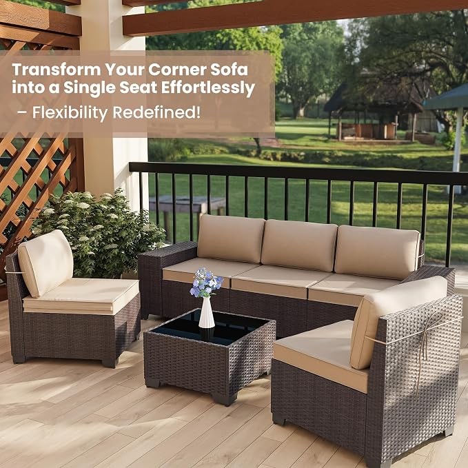 8 PCS Outdoor Patio Furniture Set,Outdoor Sectional Furniture All Weather PE Rattan Wicker Patio Conversation Set with 2 Ottomans and Coffee Table,Sand