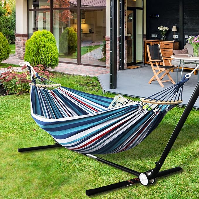 ANYOO Portable Camping Hammock Cotton Hammocks with Spreader Bar Outdoor | Sturdy Hammocks Up to 450lbs with Carry Bag