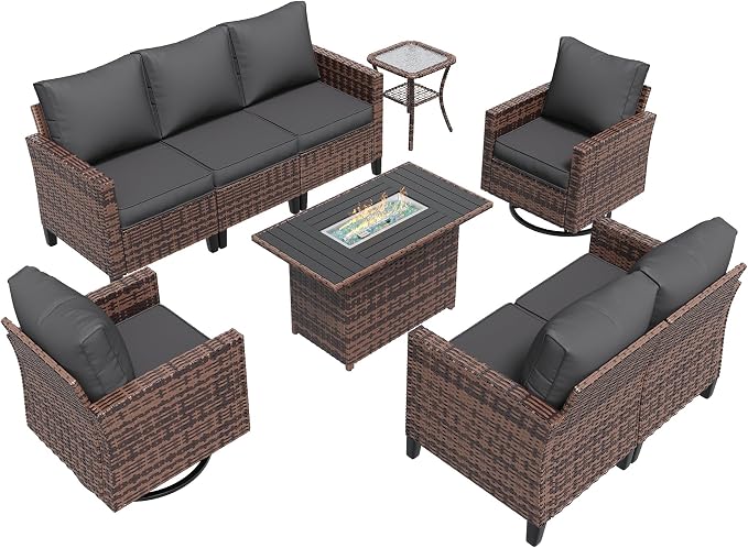 Amopatio Patio Furniture Set with Fire Pit Table, Wicker Outdoor Sectional Sofa with Swivel Rocker Chairs, All-Weather Rattan Conversation Set, Waterproof Cover for Backyard, Deck Brown/Grey 6 PCS