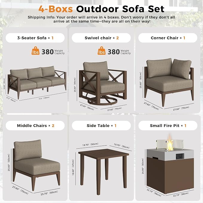 Aluminum Outdoor Patio Furniture Set with Fire Pit, 10-Piece Outdoor Sectional with 5.2" Thick Cushions, Patio Conversation Sets for Backyard,(Brown,8 Seats)